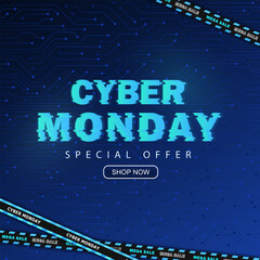 Blue banner with shop button, glitch neon text and barricade tapes for Cyber Monday sale. Hi-tech promo poster with technology network. Marketing special offer wallpaper with circuit board pattern