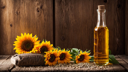Bottle with oil, sunflower flower