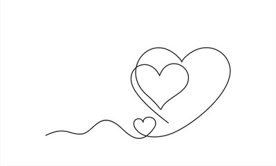Continuous line drawing of love sign with two hearts embrace minimalism design on white background.
