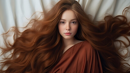 Studio portrait of a female model with extremely long auburn hair. Hairstyle and cosmetics.