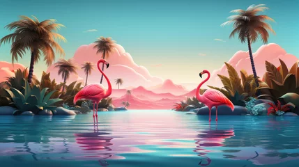 Foto op Canvas Two flamingos standing in a water against each other. Tropical landscape in background. 3D illustration style © Denniro