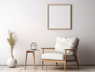 Minimalist Living Room with Empty Picture Frame on White Wall