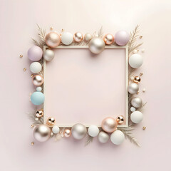 Fototapeta na wymiar Gold, beige, purple and green Christmas decorations on the frame, empty space for text, on light pink background, pastel colors, minimal style