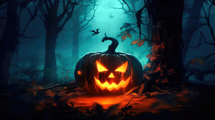 Naklejka premium Spooky pumpkin lantern glows in the dark autumn night. Generative AI