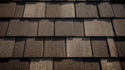 Installation of architectural asphalt shingles on roof's edge captured closely. Textured background features brown architectural shingles.