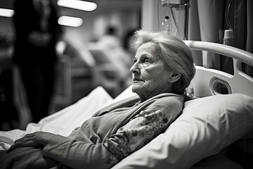Lonely senior woman lying on white sheets in hospital ward - obrazy, fototapety, plakaty