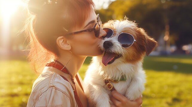 Premium Photo  A little girl kisses and hugs her jack russell terrier dog  in the park love between the owner and the dog a child is holding a dog in  his