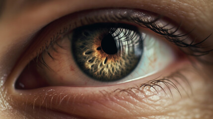 abstract, close-up macro of a female eye, eyelashes and eyelid, bloodshot irritated eye, illness and vision