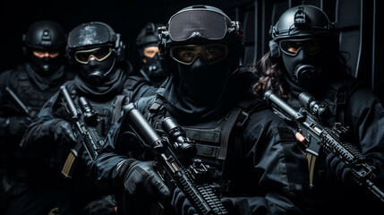 a squad or group of men and women, masked, wearing mask and helmet and visor, holding machine guns
