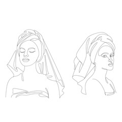 Collection. Silhouettes of a girl's head in a turban, a scarf, a towel. Woman face in modern one line style. Solid line, outline for decor, posters, stickers, logo. Vector illustration set
