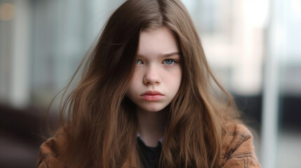 little young girl or teenager girl, childhood, sad and angry with despair and blaming herself, envy and jealousy or depressio - obrazy, fototapety, plakaty