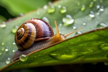 Close-up of snail on wet leaf. Generative AI