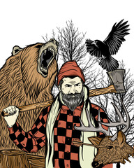 Lumberjack illustration with bear