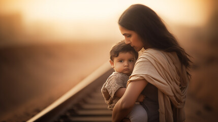 on the tracks at the train tracks, a mother, a mature adult woman with her daughter, in the desert - obrazy, fototapety, plakaty