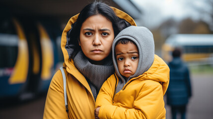 A mature adult woman with her son, a child, wearing yellow winter jacket and gray thick cotton jacket - obrazy, fototapety, plakaty