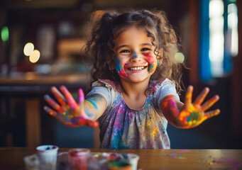Young girl playing with colors. Creative children drawing. Generative AI - obrazy, fototapety, plakaty