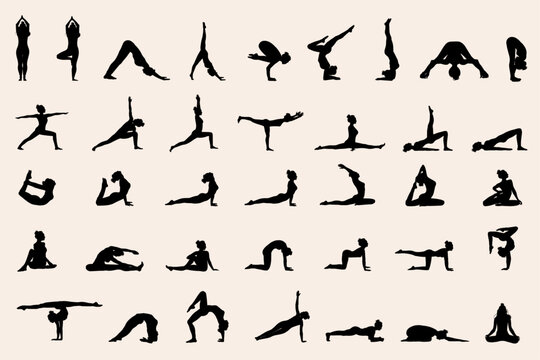 Yoga set  woman silhouette, 37 poses, vector illustration