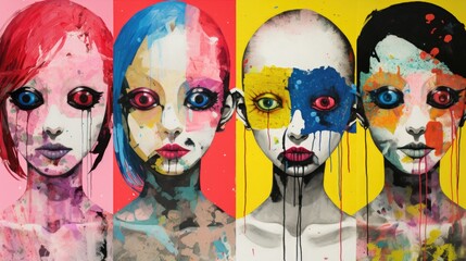 Obraz premium Imperfectly perfect montage and colorful collage of alternative female beauty, odd but pretty portraits, individualism even amongst your twins, together but separate souls. mixed-media art.