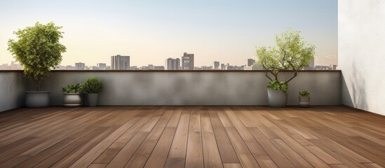 Wooden floor and walls with a pleasant view outside providing ample space on the terrace With copyspace for text - obrazy, fototapety, plakaty