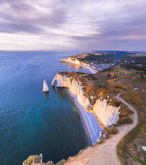 Aerial panoramic landscape on the cliffs of Etretat. Natural amazing cliffs. Etretat, Normandy,...