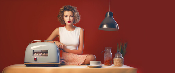 Portrait of women with toaster in 60s style on spiced apple shade background. Banner.