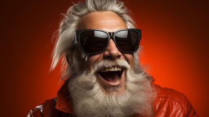 Comic Santa Claus in Sunglasses: Playful and Aged Santa with Amusing Grimace on Red Background