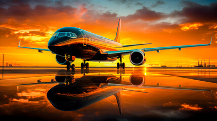 Gleaming Airplane ascends Gracefully against a Breathtaking Sunset Blending Technology and Nature in a Tranquil Moment Wallpaper Background Cover Poster Card Digital Art