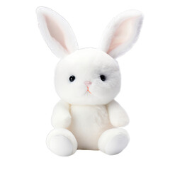 A white stuffed rabbit sitting on a white floor