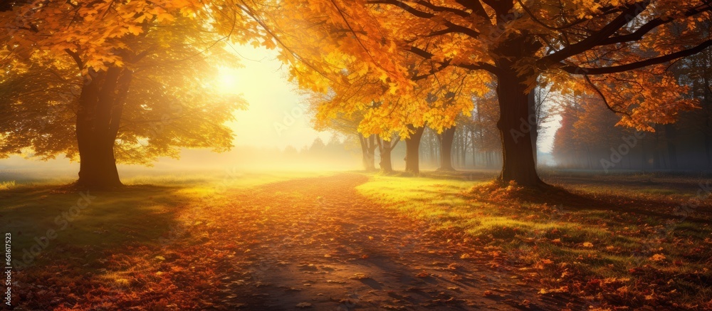 Poster gorgeous autumn landscape with trees leaves and sunlight in a park