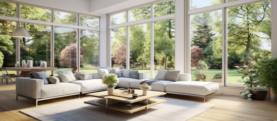 Obraz premium Spacious lavish family room with garden view With copyspace for text