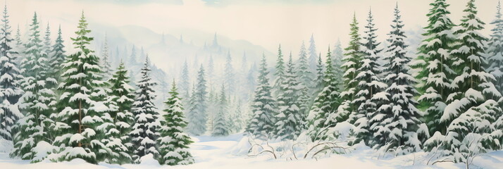 dense evergreen forest blanketed in fresh snow, with varying shades of green, gray, and white.