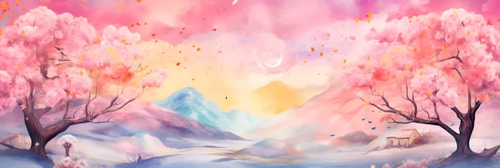  watercolor background with a whimsical and fairytale-like theme, perfect for children's book illustrations or magical storytelling. © Maximusdn