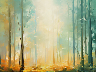 Mystical morning forest in dreamlike pastel patterns