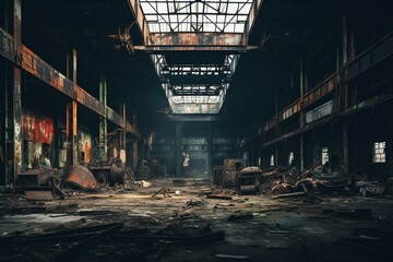 Rundown factory with empty space, rusty surroundings. Industrial interior background. Generative AI - obrazy, fototapety, plakaty