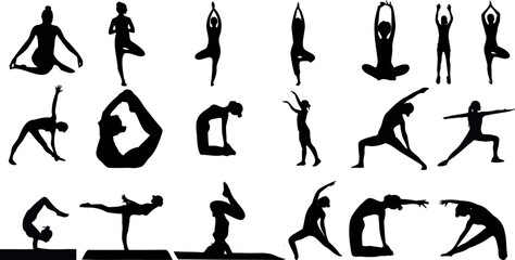 Yoga Vector Illustration featuring 18 Black Silhouettes of individuals demonstrating various Yoga Poses on a white background. Perfect for Fitness, Health, Meditation, and Wellness related content.