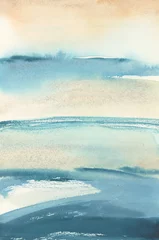 Foto auf Acrylglas Ink watercolor hand drawn smoke flow stain blot landscape on wet paper texture background. Beige, blue colors. © Liliia