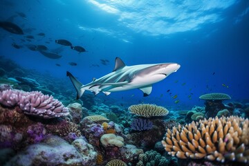 An image features a shark swimming gracefully over a vibrant tropical reef. Generative AI