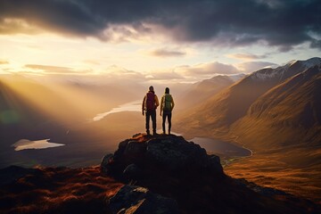 Two people stand on on mountain top and look at the landscape - obrazy, fototapety, plakaty