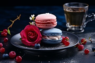 Delicious French macaron dessert on a deep blue backdrop. Generative AI