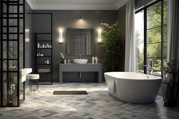 Bathroom in shades of grey with tiled floor and walls. Generative AI