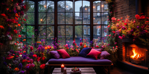 Cozy fireplace and couch surrounded by flowers plants, evening, Whimsigothic, wide banner