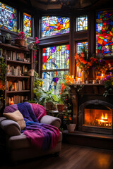Fototapeta na wymiar Whimsigothic cozy interior with fireplace, bookshelves, stained glass windows and chair, vertical