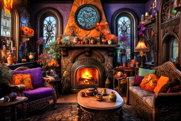Whimsigothic interior design with fireplace, purple and orange