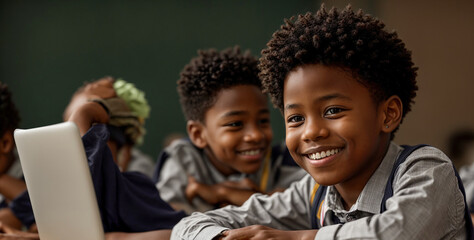Happy African American boy at school with laptop