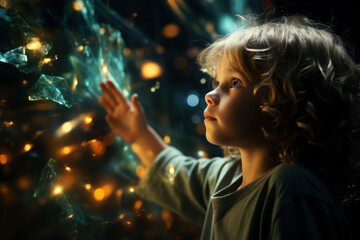 A child looking at the night sky with wonder and imagination, perceiving constellations and stories in the stars. Generative Ai.