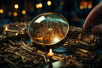 A person's hand holding a magnifying glass, examining the intricate details of a small object and enhancing their perception. Generative Ai.