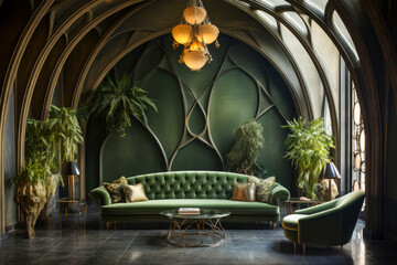 Green interior design with leather couch, chair and plants, Whimsigothic