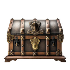 A vintage wooden chest with a sturdy metal handle and lock