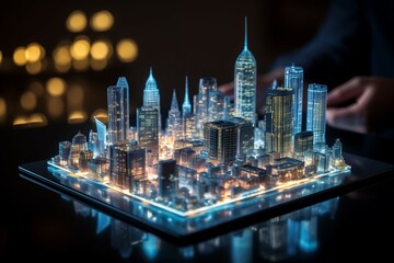 A hologram of contemporary buildings is displayed on a digital tablet