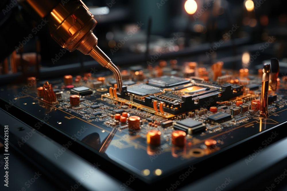 Poster nano-level automatons executing rapid and precise repairs on damaged electronic circuits. generative